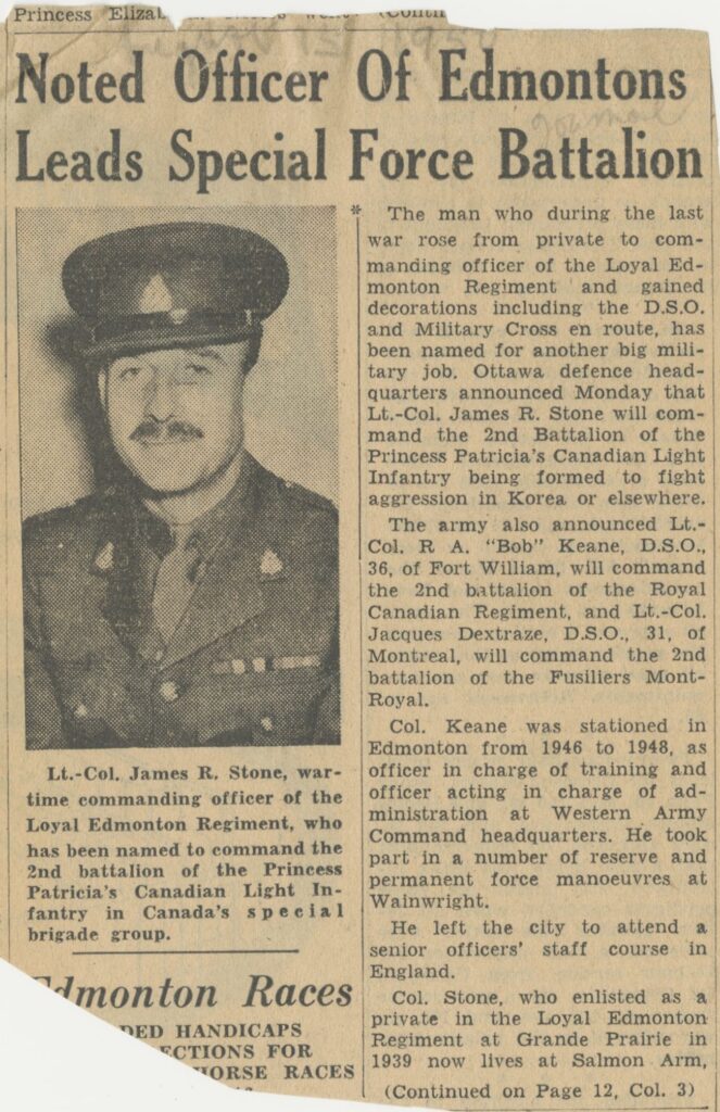 An article clipped out of the Edmonton Journal that shows a photograph of Lt.Col. James Stone, the article heading reads “Noted Officer of Edmontons Leads Special Force Battalion.