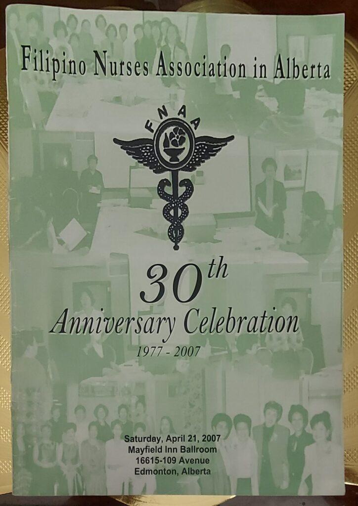 A copy of the Filipino Nurses Association in Alberta’s 30th Anniversary Program.