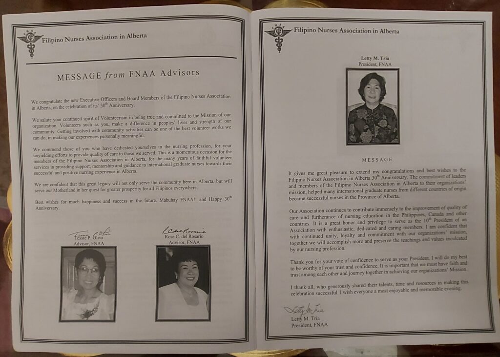 Inside the Filipino Nurses Association in Alberta’s 30th Anniversary Program. On the left side is the “Message from FNAA Advistors” and on the right side is a message from the president, Letty M. Tria.