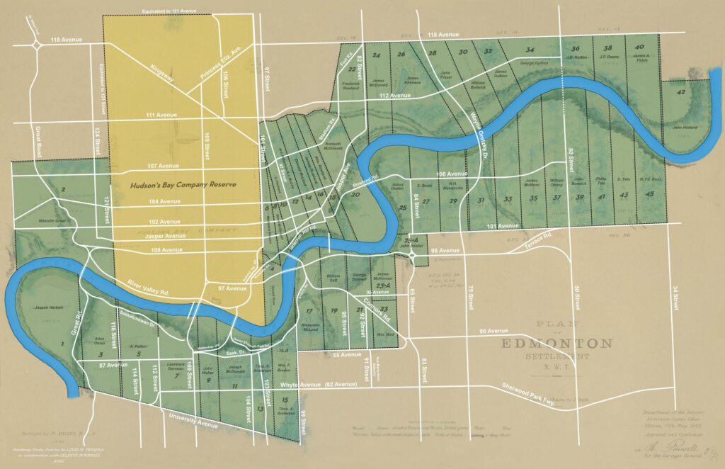 A map of Edmonton's modern road map overlaid on the 1882 Dominion Land Survey map of river lots