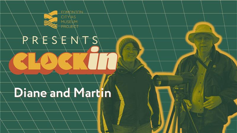 A photo of a younger woman and older man with a telescope, with the words Clock In: Diane and Martin