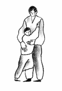 A looping illustration of a parent holding a child, trying to protect them. It is a simple line drawing of a parent holding a child.