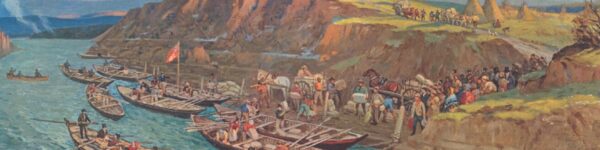 Wooden boats crewed by colourful voyageurs meet crowds of HBC employees, Métis, and First Nations on the bank below an expansive wooden fort. First Nations tipis also crown the nearby hills.