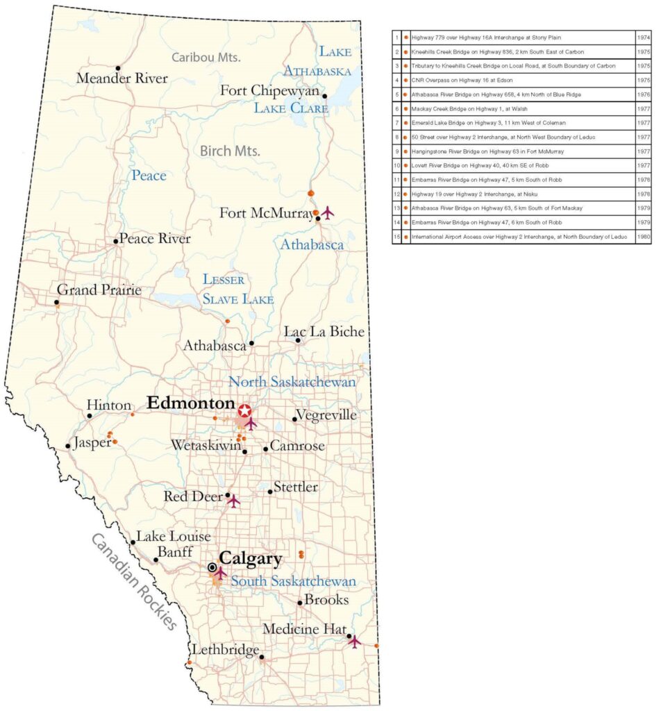 An atlas-style map of Alberta, with dots indicating bridges Dilip worked on, and a legend. Some dots are north of Fort McMurray, some are near Edmonton and Leduc, and one is east of Medicine Hat on the Saskatchewan Border.