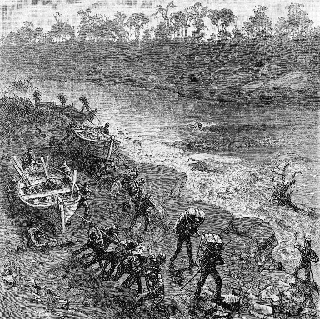 Illustration. Wooden boats are portaged over log rollers by the efforts of hard-working men. Nearby a river flows through rapids. Other men carry heavy loads on their back.