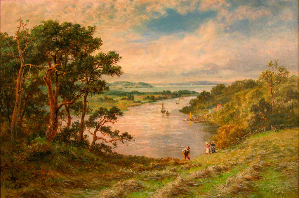 An oil painting of a serene hilly landscape surrounding a body of water. A few small figures are in the foreground working the land and some boats are in the background. A large blue sky with fluffy white clouds is overhead. 