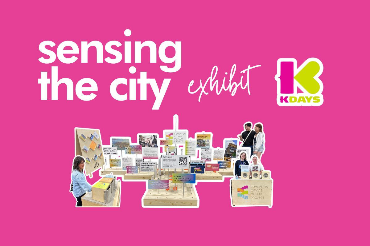 Text: Sensing the City exhibit, with KDays logo. Photo is of happy people visiting an exhibit.