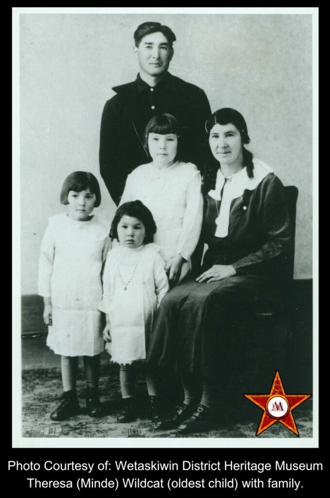 A photograph of a mother and father posing with three young children.