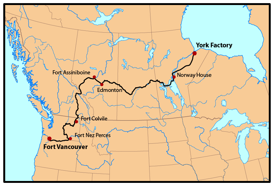 A map shows the route of the express canoes with a black line over the rivers, with several forts and trading posts identified with red dots. The route extends from Fort Vancouver on the Pacific Coast to York Factor on Hudson’s Bay.