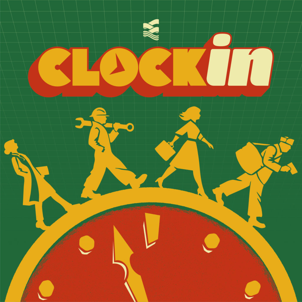 At the top of the image are the words “Clock In.” Below is a simple illustration. Four figures with outfits for different jobs march across the top of a clock.