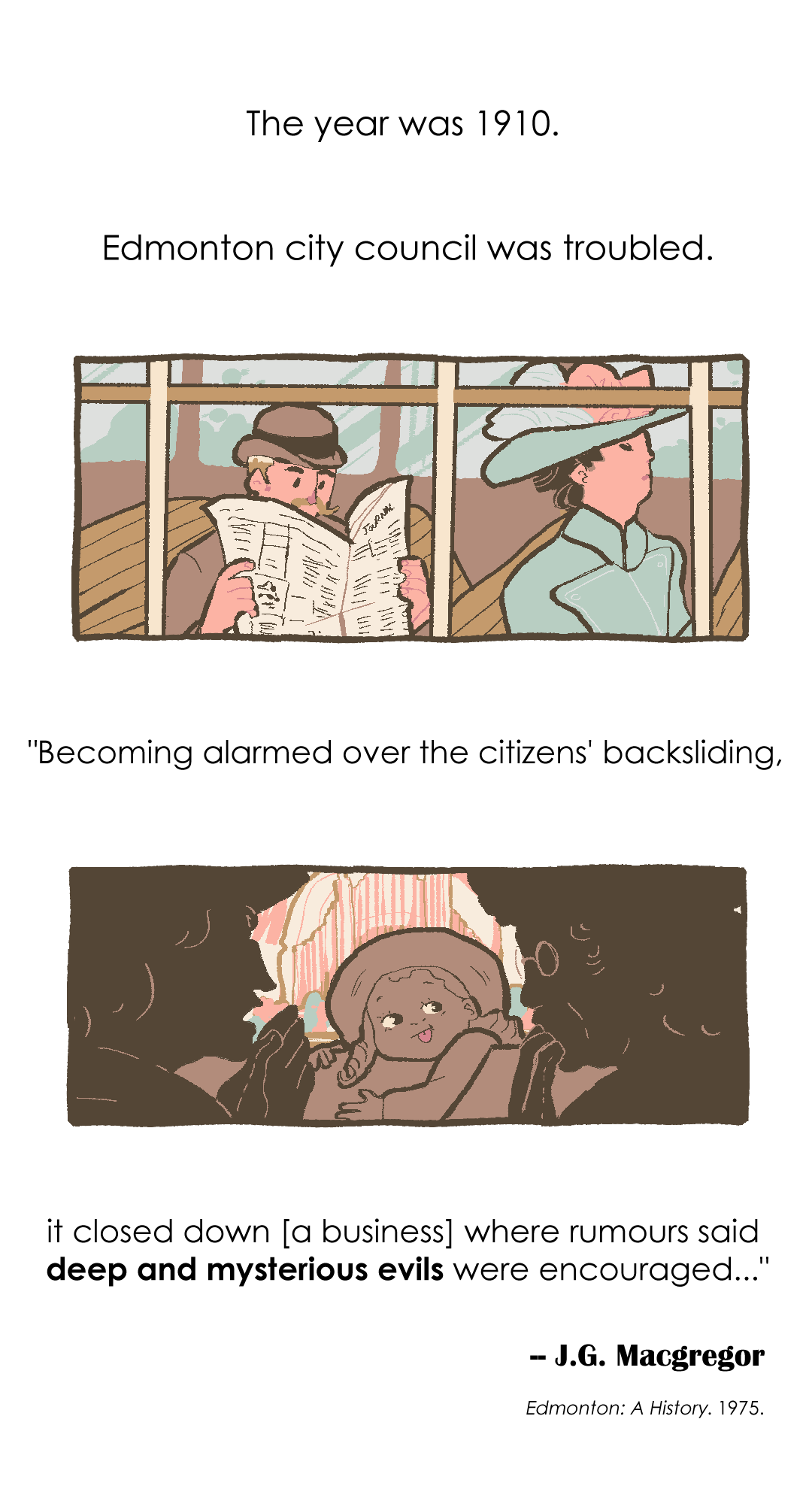 A playfully illustrated panel of a comic strip about a scandal in Edmonton in 1910 at the Happyland ice cream stand.