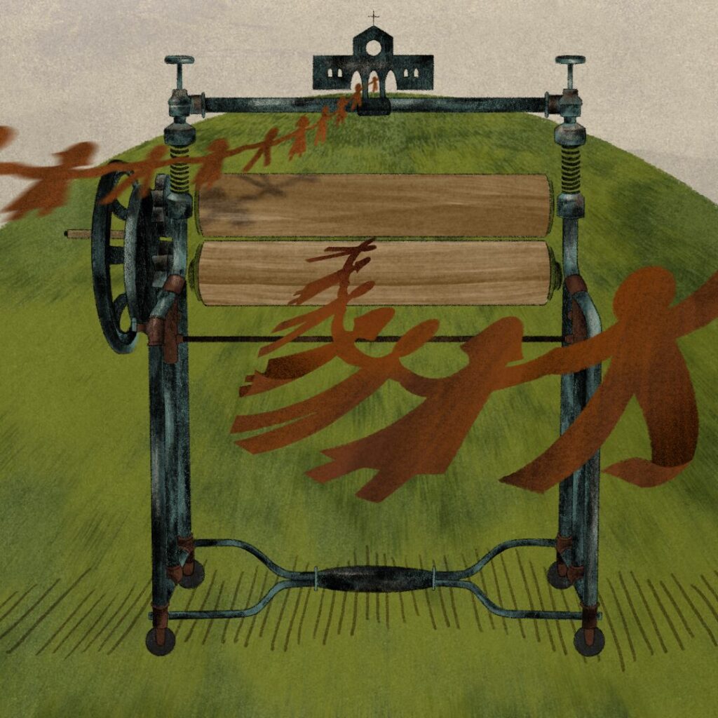 An illustration. A long line of paper cutouts of children holding hands flies into the silhouette of Youville Residential School on a hill. They exit flattened through an old laundry mangle.