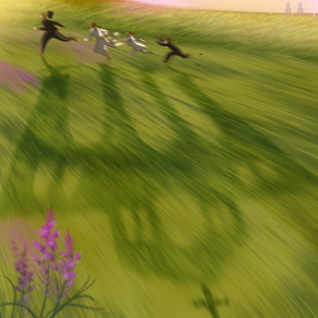 An illustration of four children running away across the prairie at sunset. Their shadows stretch out to form the silhouette of the Youville Residential School. Fireweed enters in the margins, and the silhouettes of grain elevators appear on the horizon.