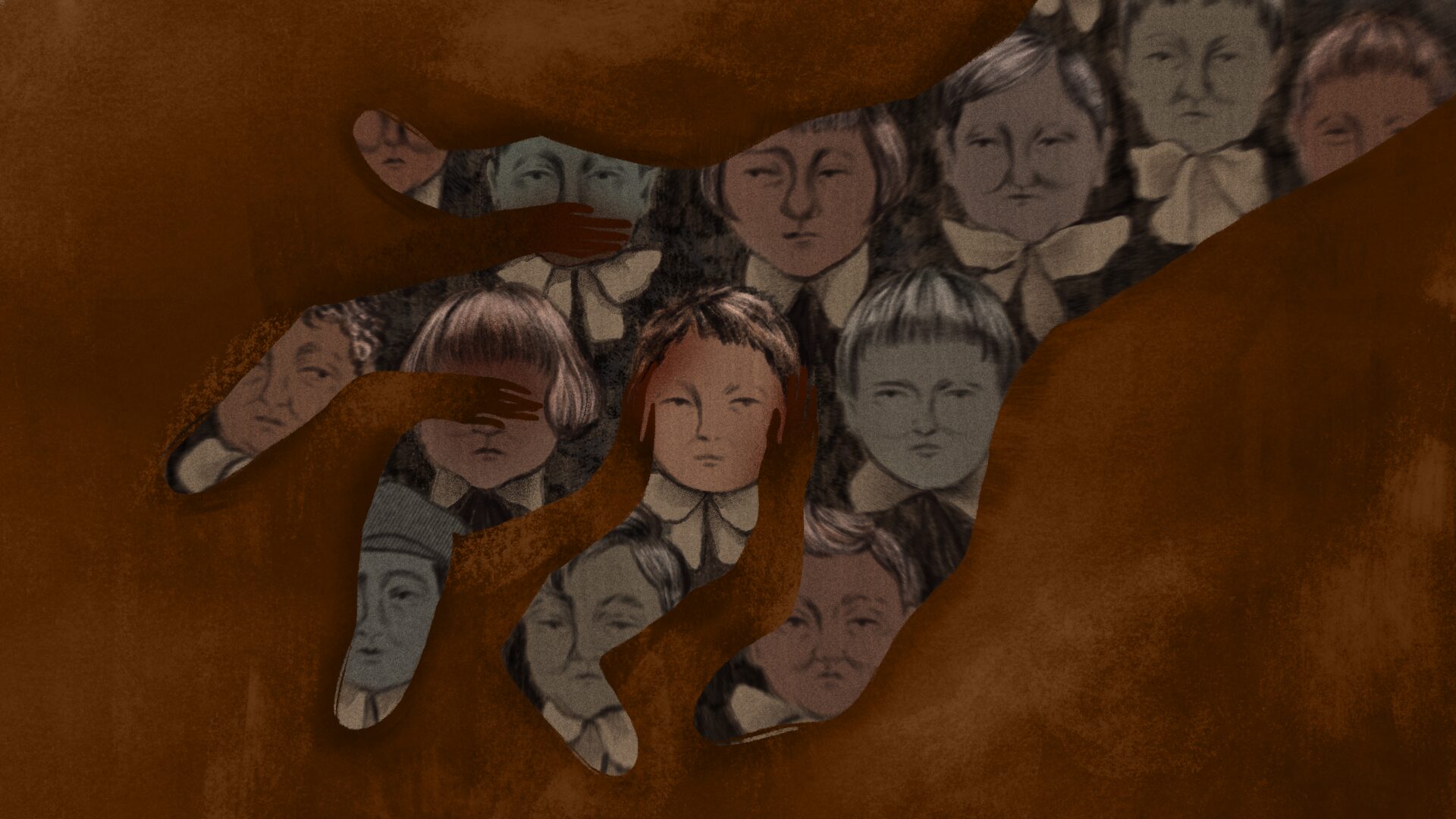 An illustration. A silhouette of a hand with broken, twisted fingers frames faces of Indigenous children in school uniforms, seated as if posing for a class picture. The background is the colour of dried blood, and between the silhouetted fingers, the background juts in in the shape of even smaller hands, covering children's eyes, ears, and mouths.